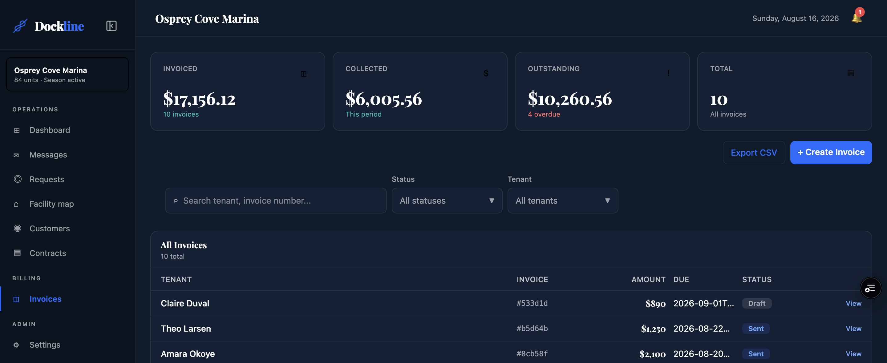Dockline invoices list with totals for invoiced and overdue amounts